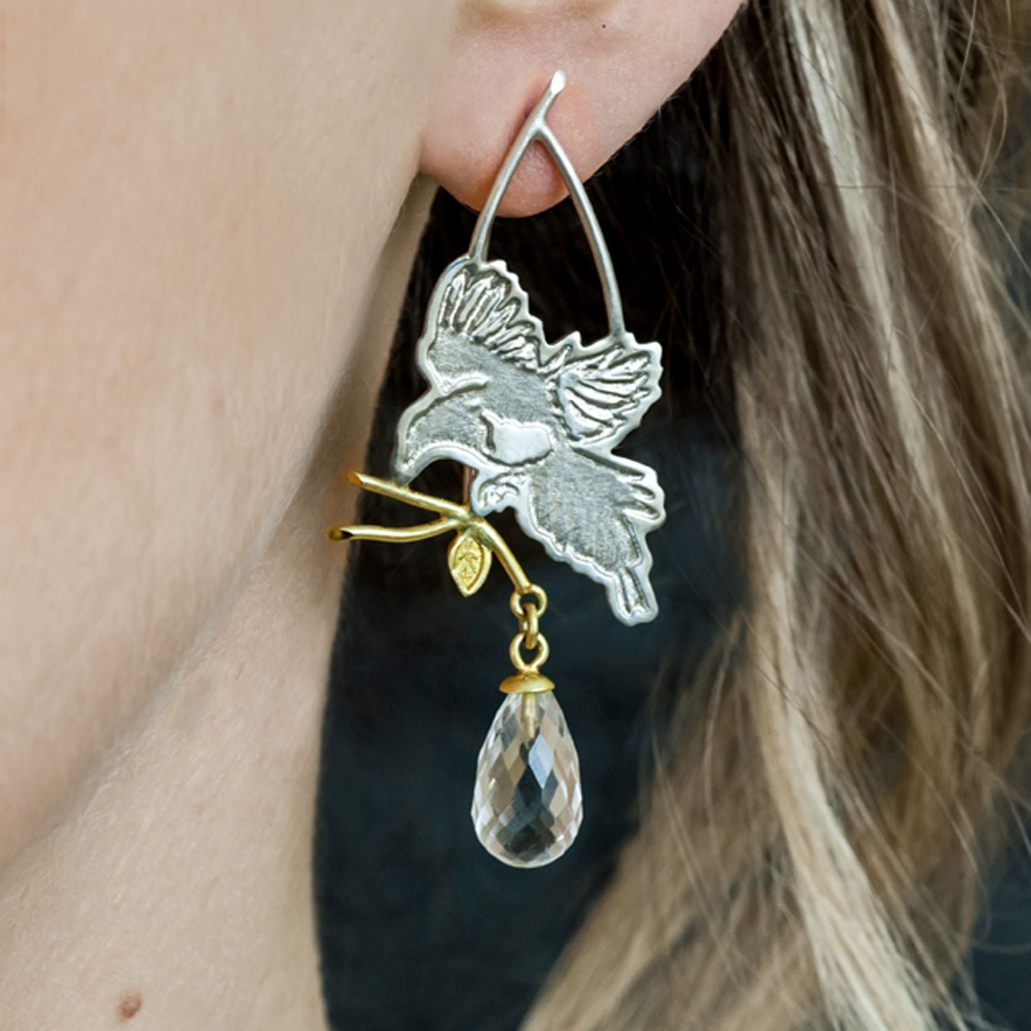 Magpie in Flight Quartz Drop Earrings