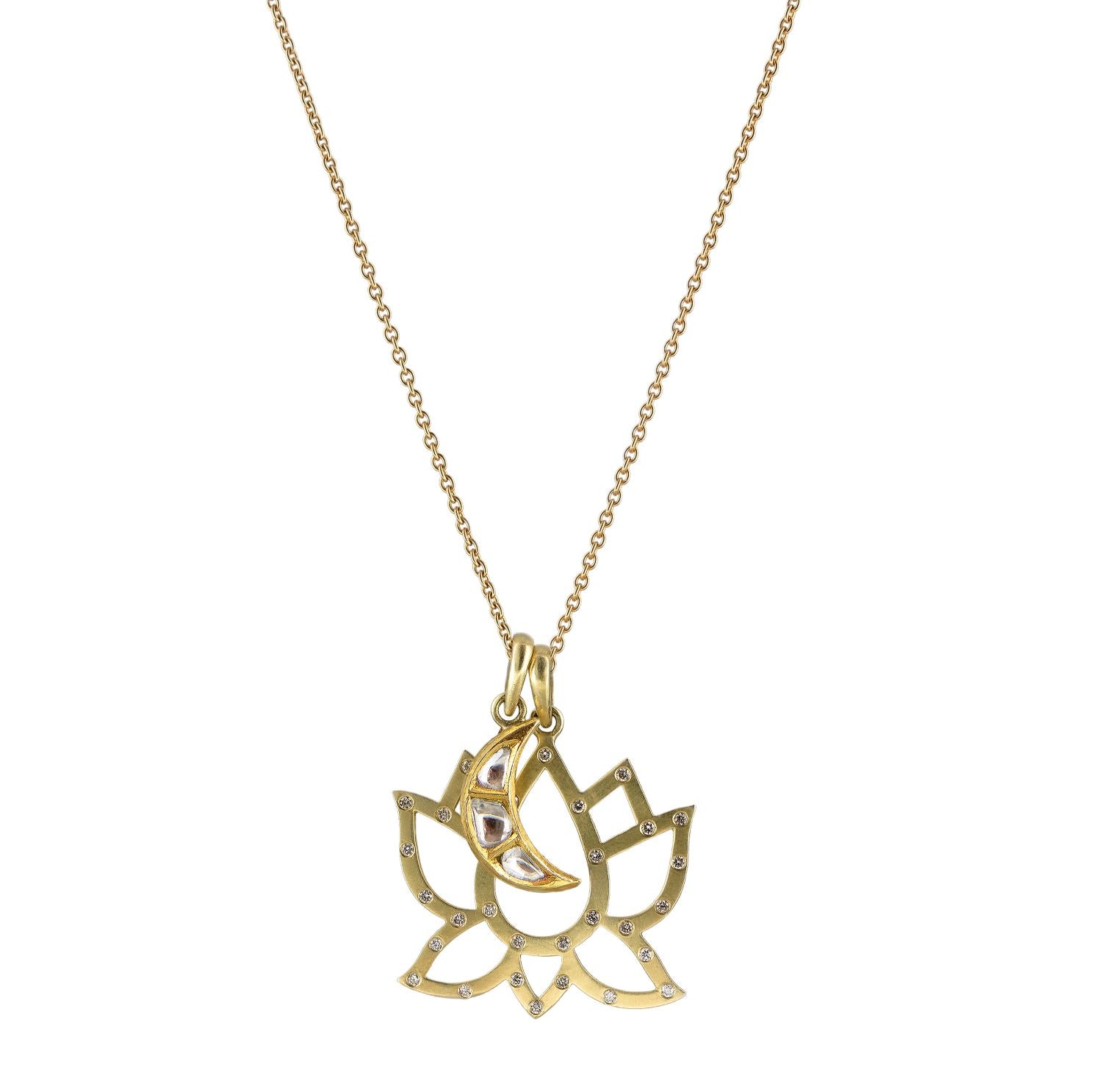 Large Diamond Lotus with Polki Moon Necklace