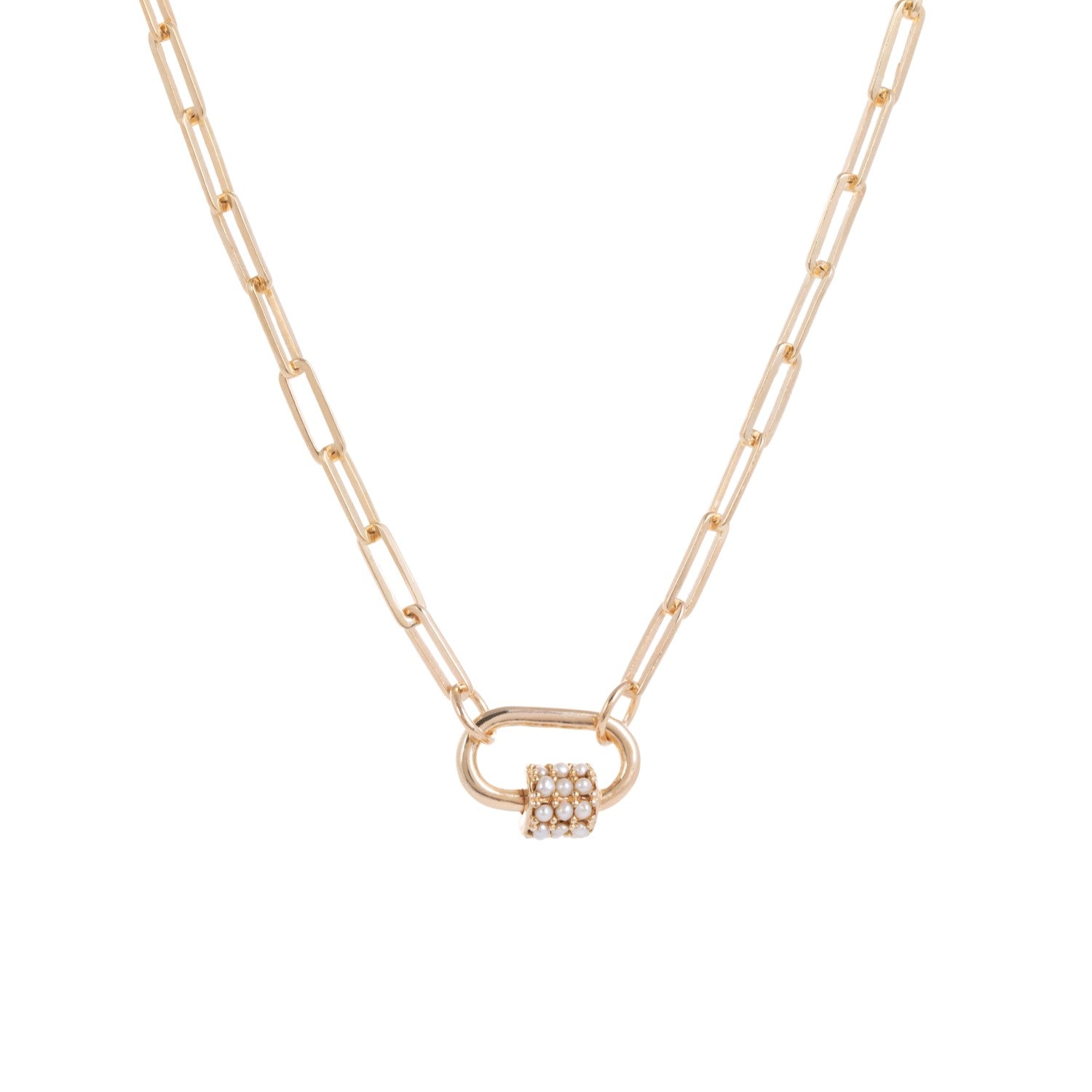 Daphne Gold Paperclip Link Chain Necklace with Pearl Carabiner