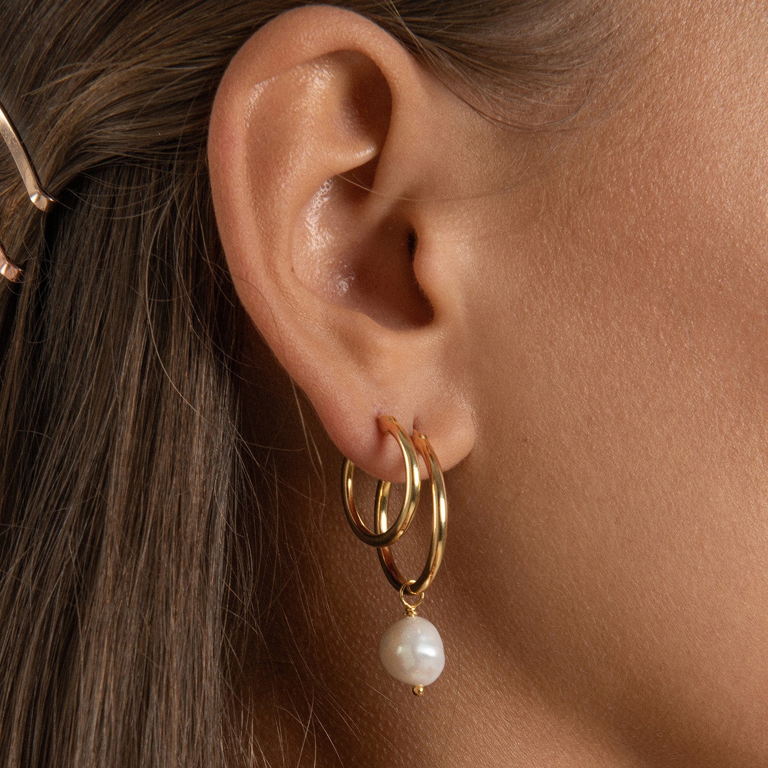 Venus Gold Hoop Earrings with White Pearl Charms