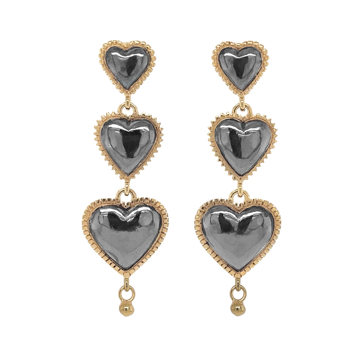 Temple Triple Heart Earring Drops - Black and Gold