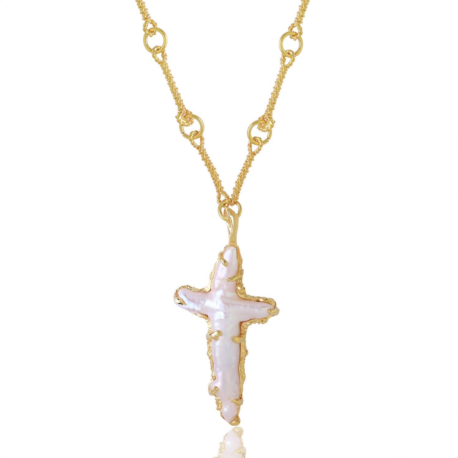 The Tethys Baroque Pearl Cross with Roman Chain Ece London Sustainable Jewellery La Maison Couture