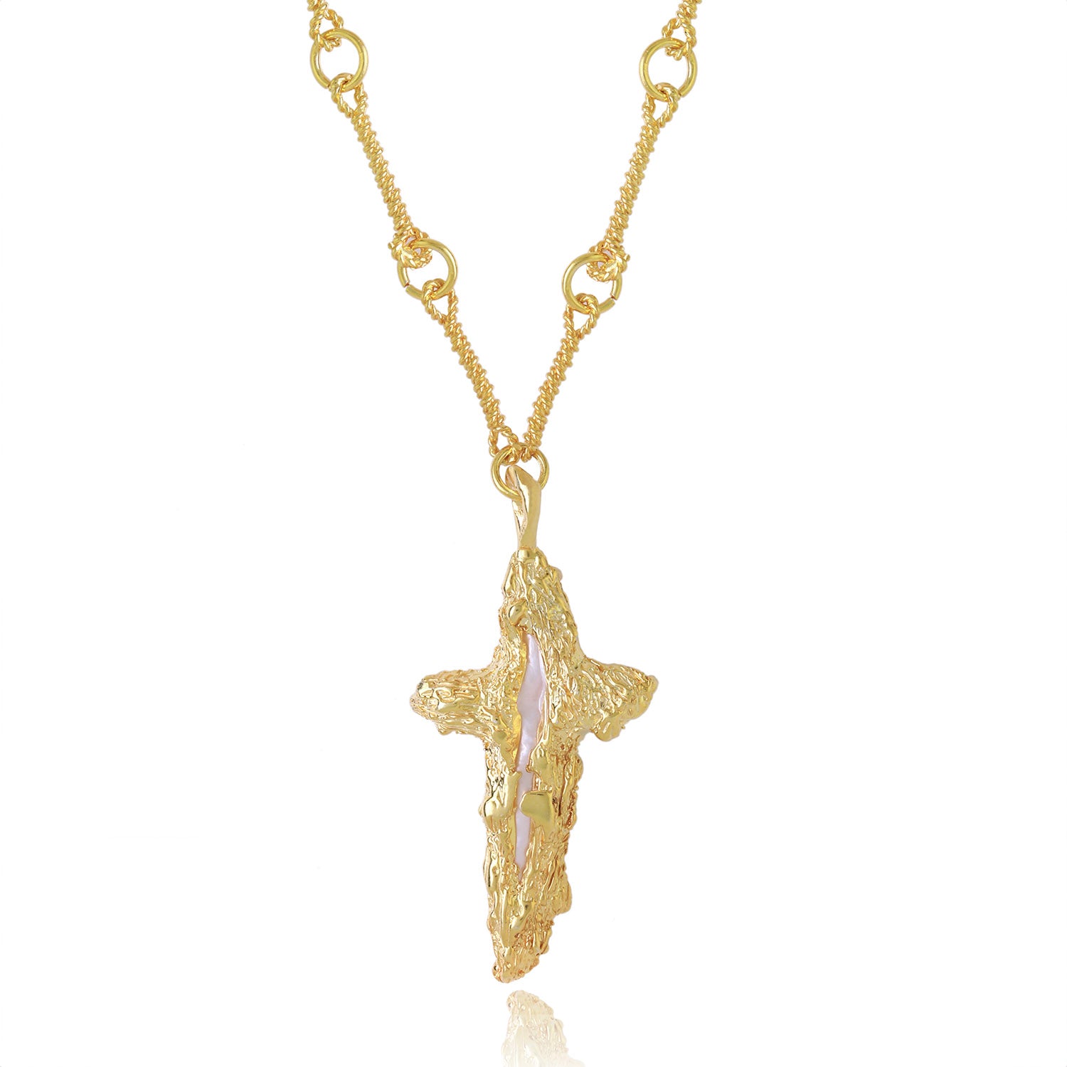 The Tethys Baroque Pearl Cross with Roman Chain Ece London Sustainable Jewellery La Maison Couture