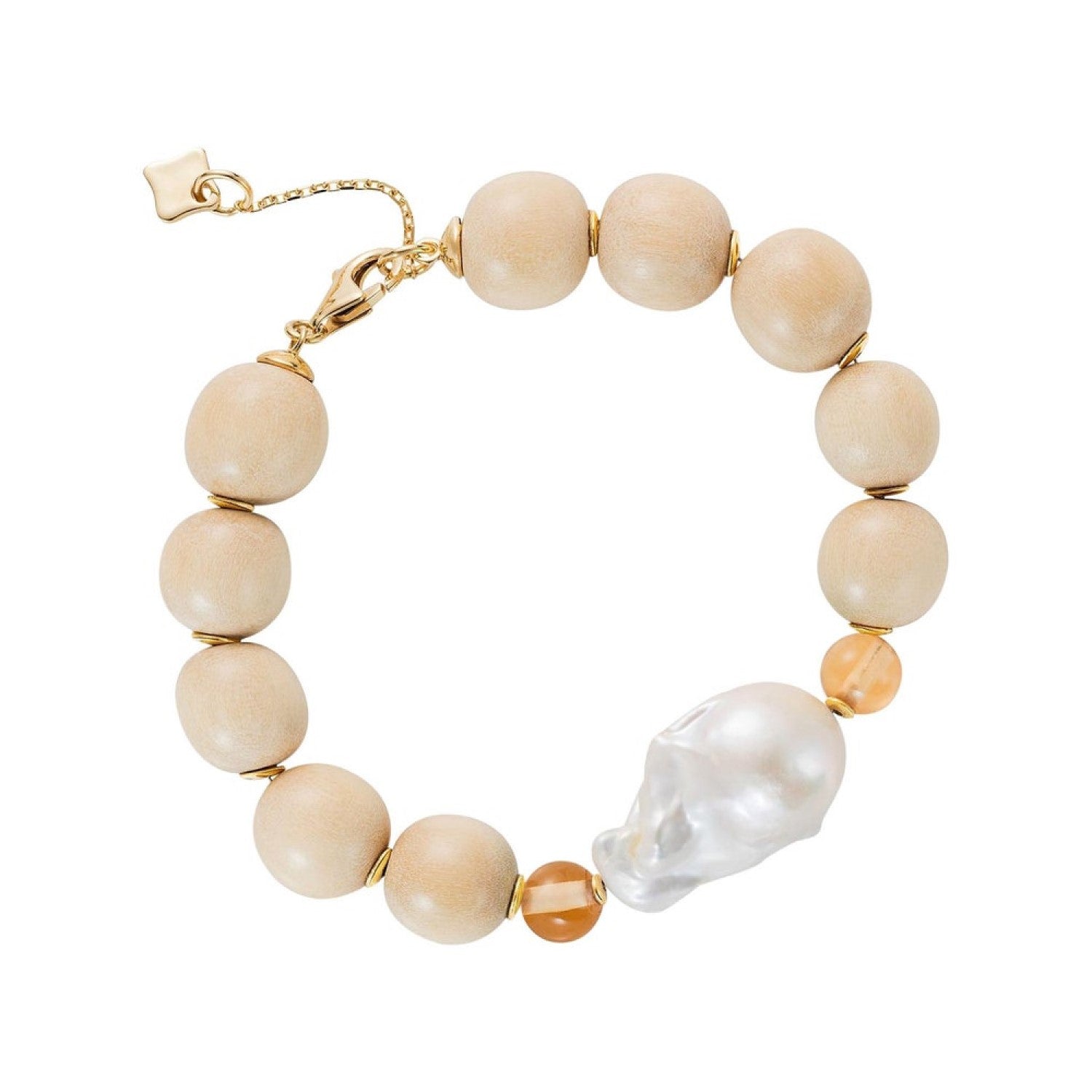 Large Wooden Bead Bracelet - Baroque Pearl and Champagne Quartz