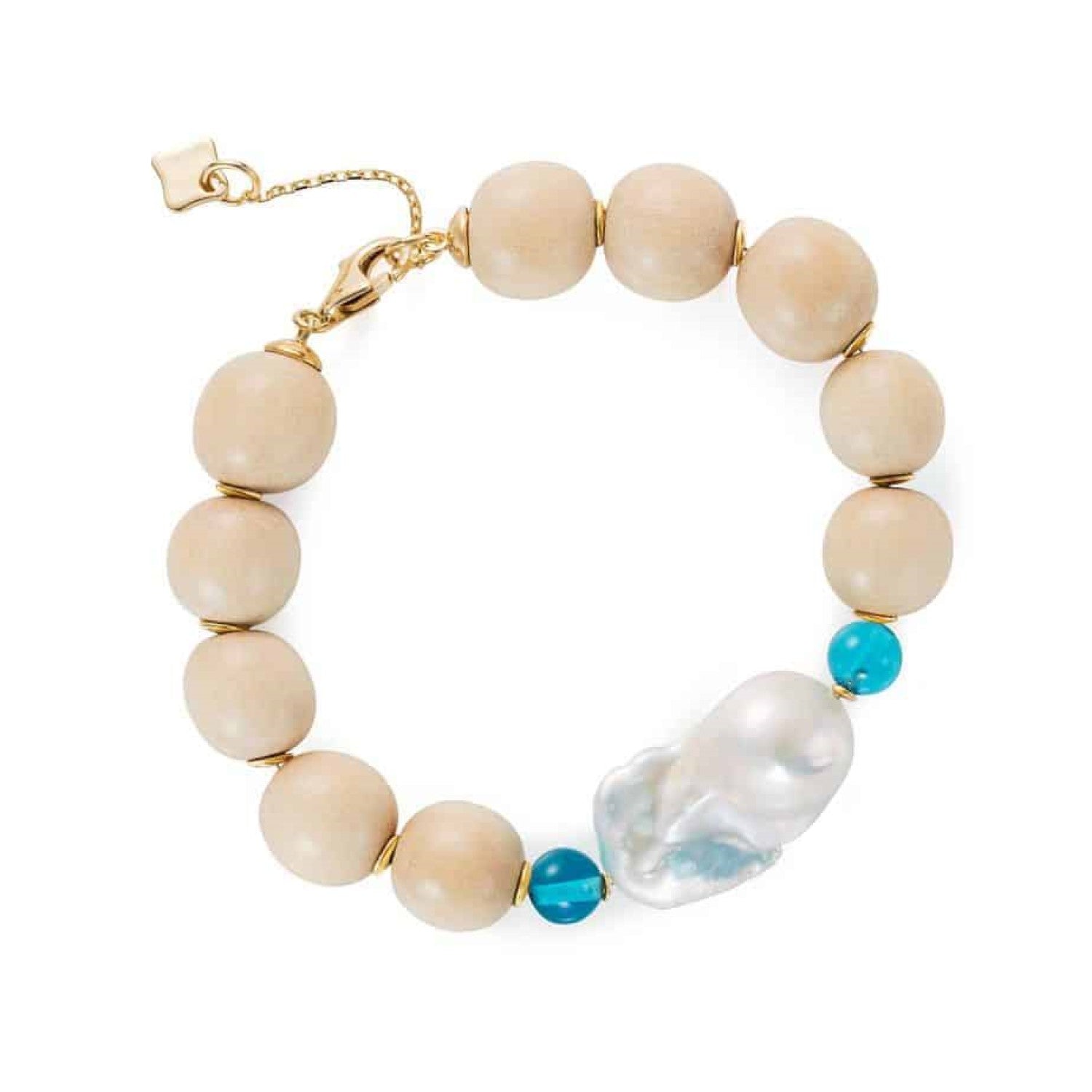 Large Wooden Bead Bracelet - Baroque Pearl and London Blue Quartz