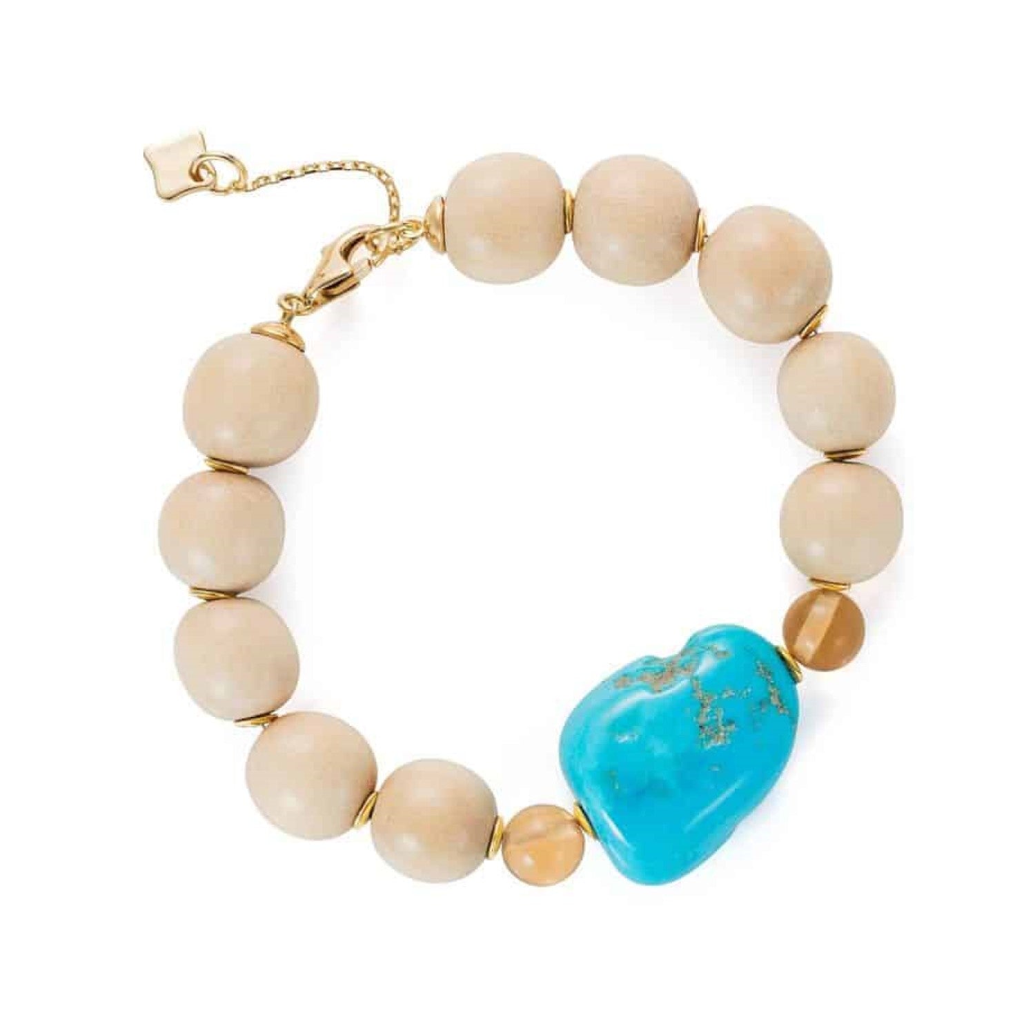 Large Wooden Bead Bracelet - Turquoise and Champagne Quartz