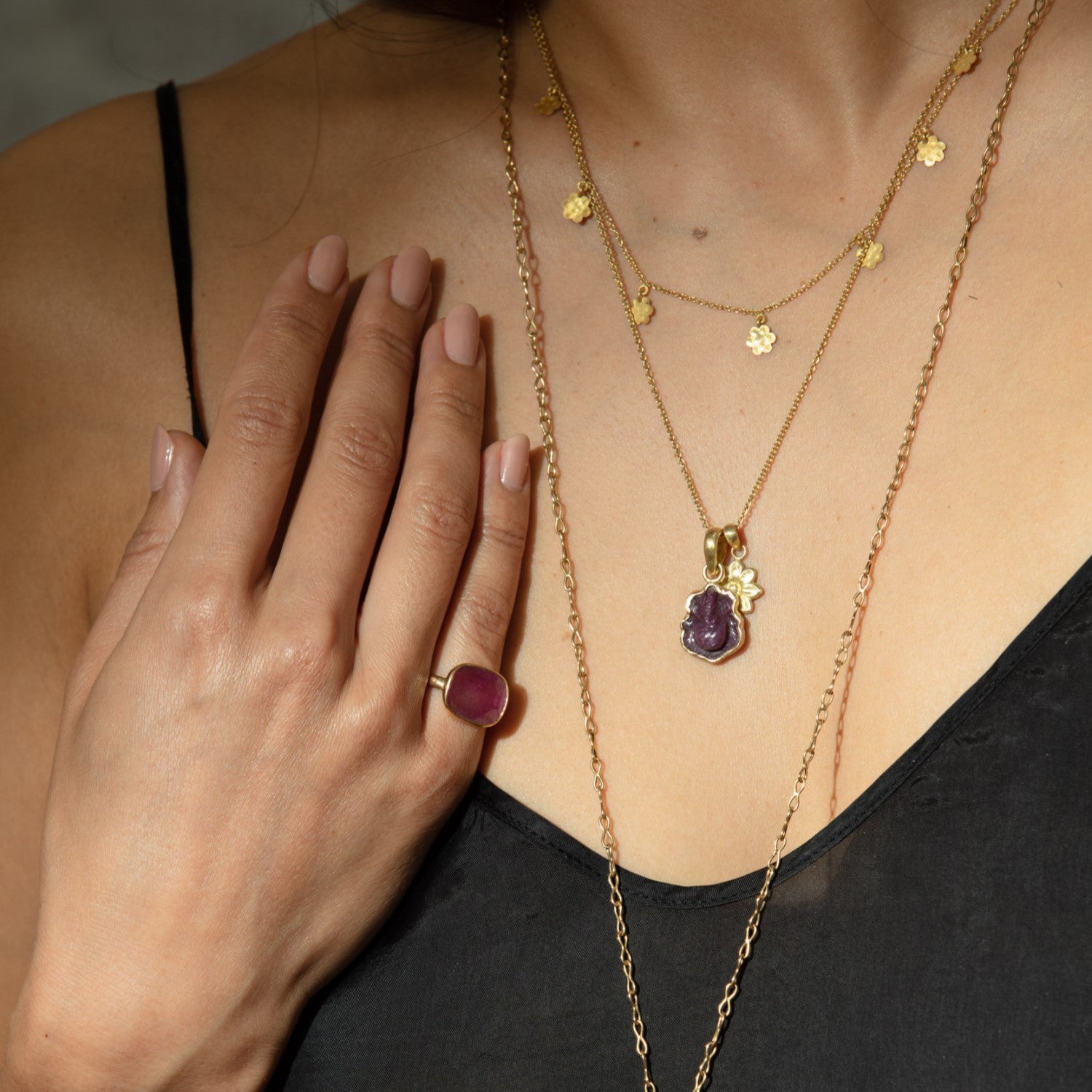 Ruby Ganesh and Lotus Necklace