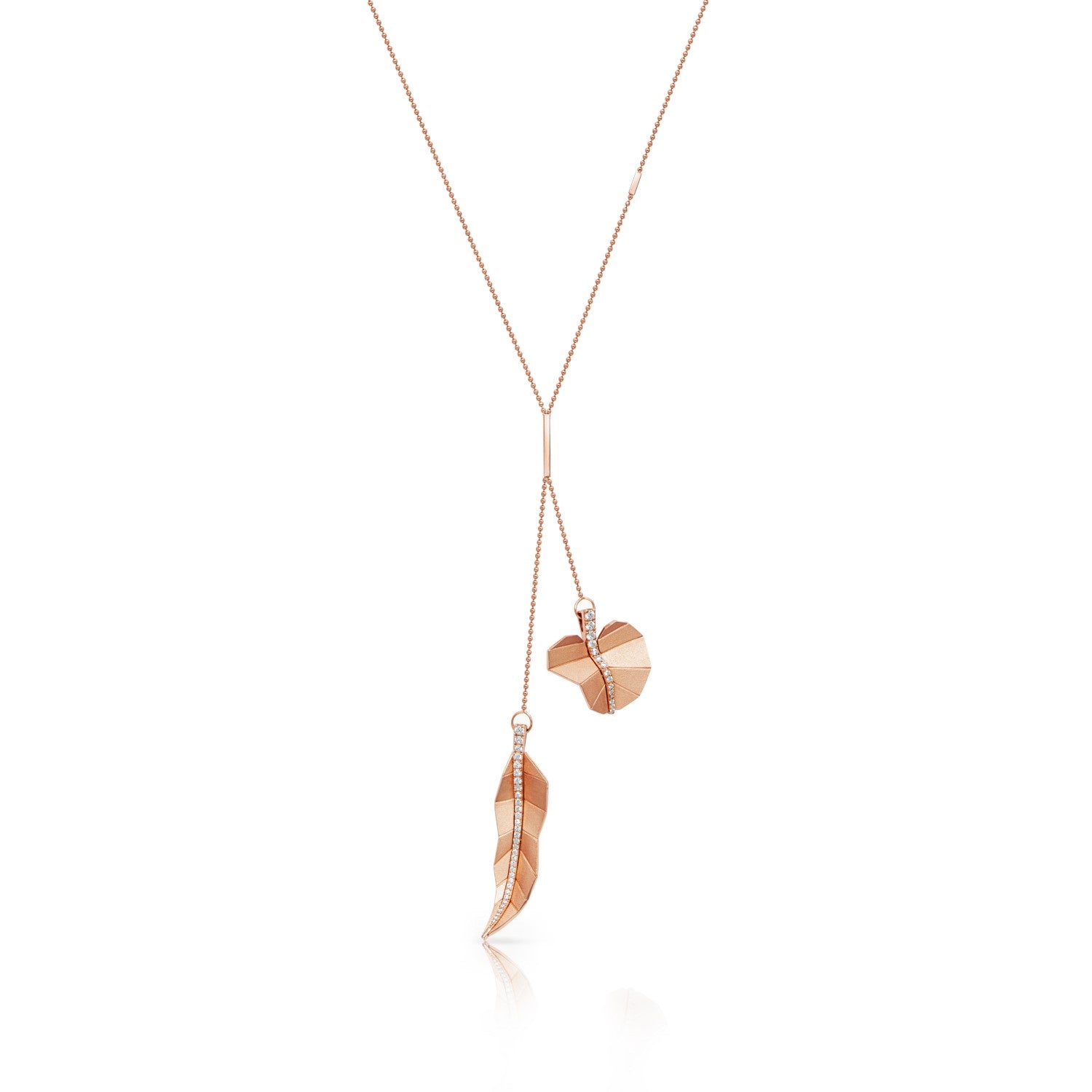 Double Long and Round Leaf Necklace - Rose Gold