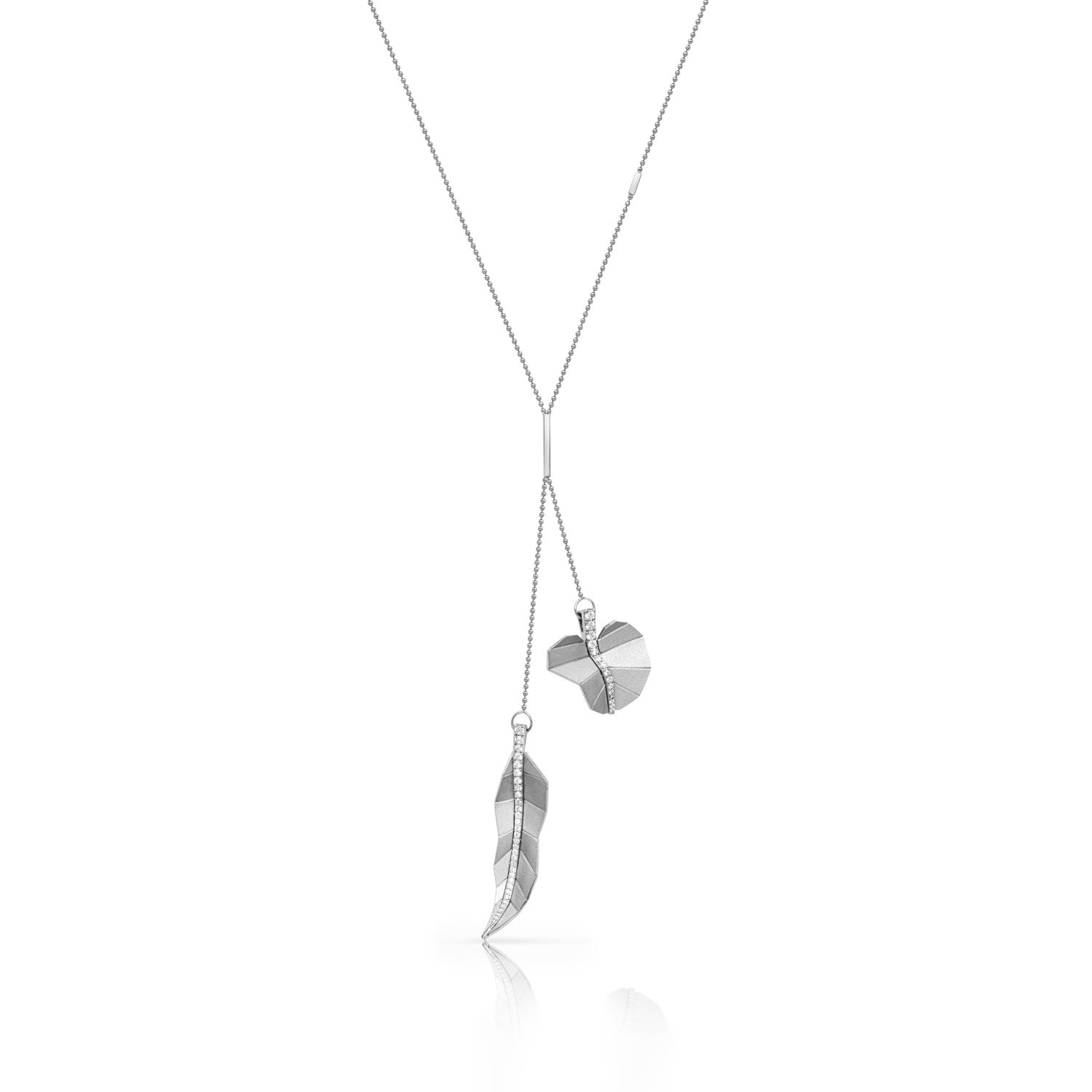 Double Long and Round Leaf Necklace - White Gold