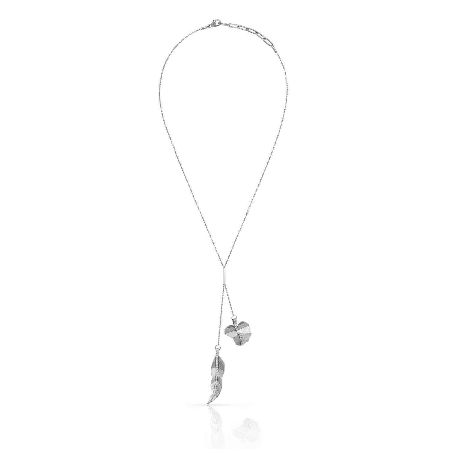 Double Long and Round Leaf Necklace - White Gold