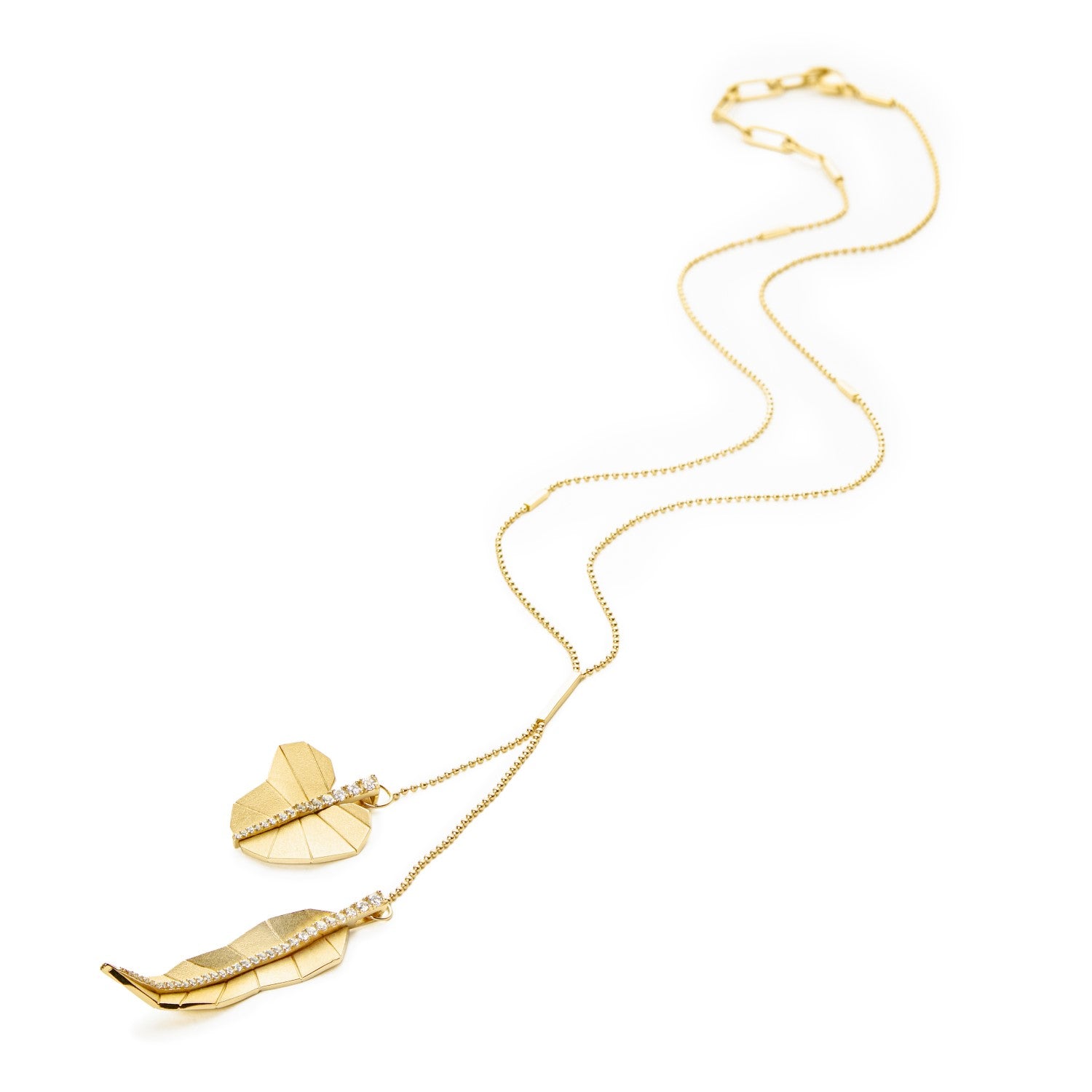 Double Long and Round Leaf Necklace - Yellow Gold