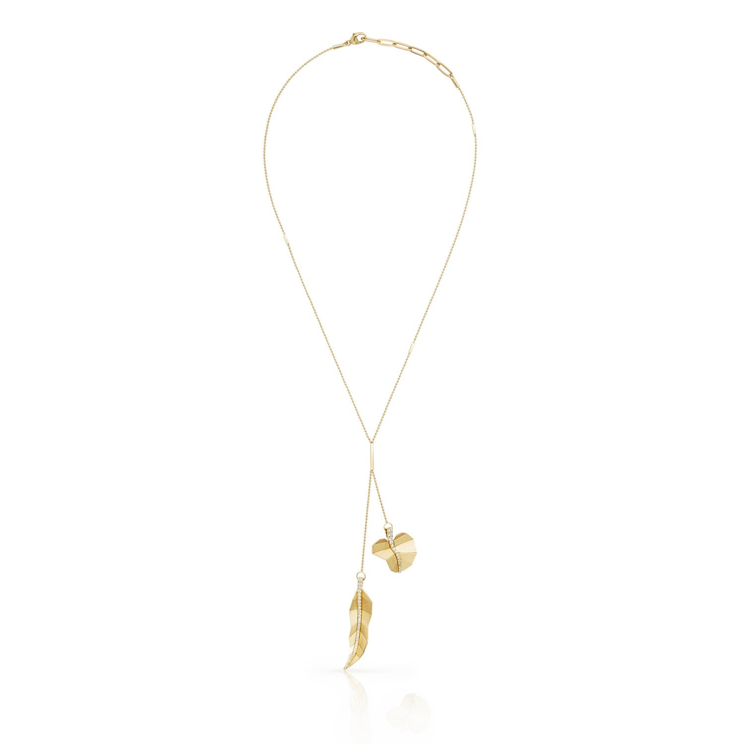 Double Long and Round Leaf Necklace - Yellow Gold