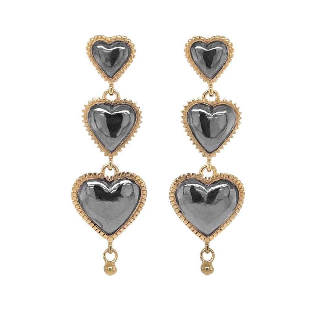 Temple Triple Heart Earring Drops – Black and Gold by Ana Verdun London
